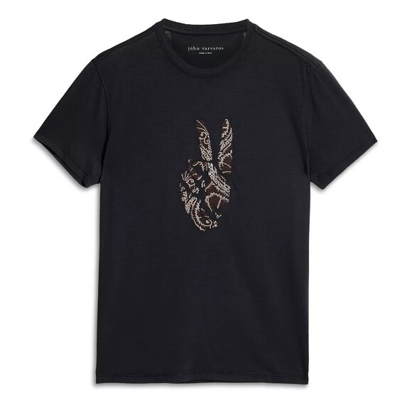 John Varvatos Men's Peace Sign Embroidery Burnout Fabric Crew T-Shirt Black - Picture 5 of 7